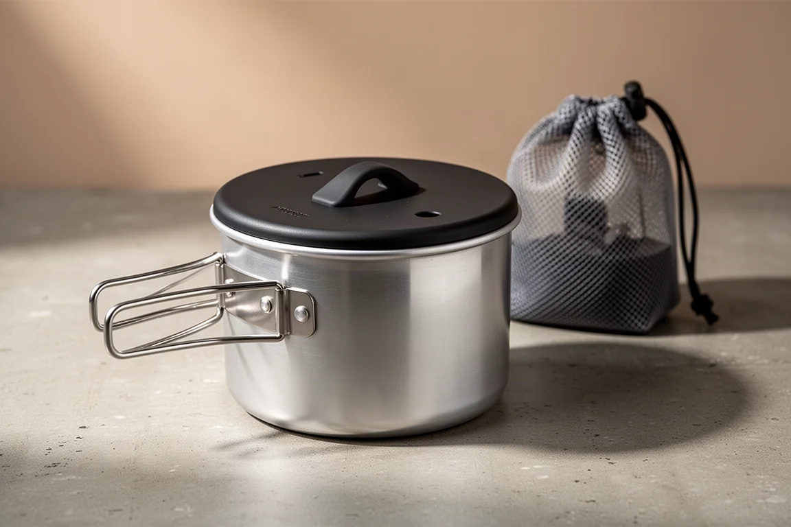 Aluminium camping pot with black vented lid and mesh stuff sack on concrete