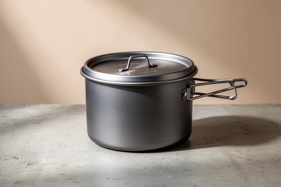 Titanium backpacking cook pot with lid on a neutral concrete surface