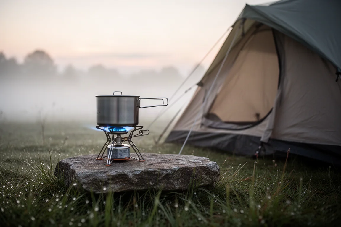 Campingkök med en kastrull på en sten bredvid ett tält i gryningen
