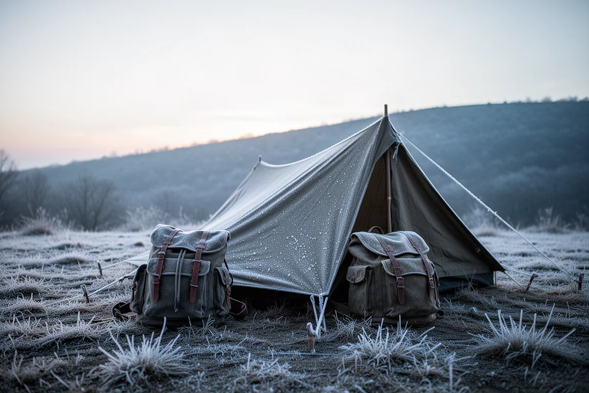 Frosttäckt campingplats i gryningen med tält och ryggsäck