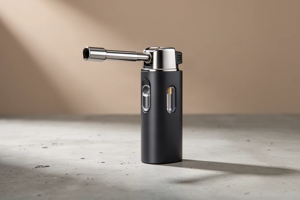 Compact telescoping torch lighter with extended burner head on a concrete surface