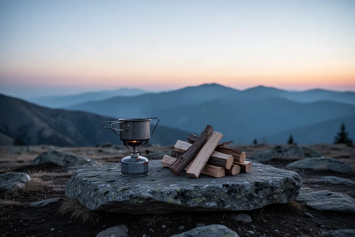 Campamento alpino al amanecer con un hornillo pequeño y una olla sobre una repisa de roca