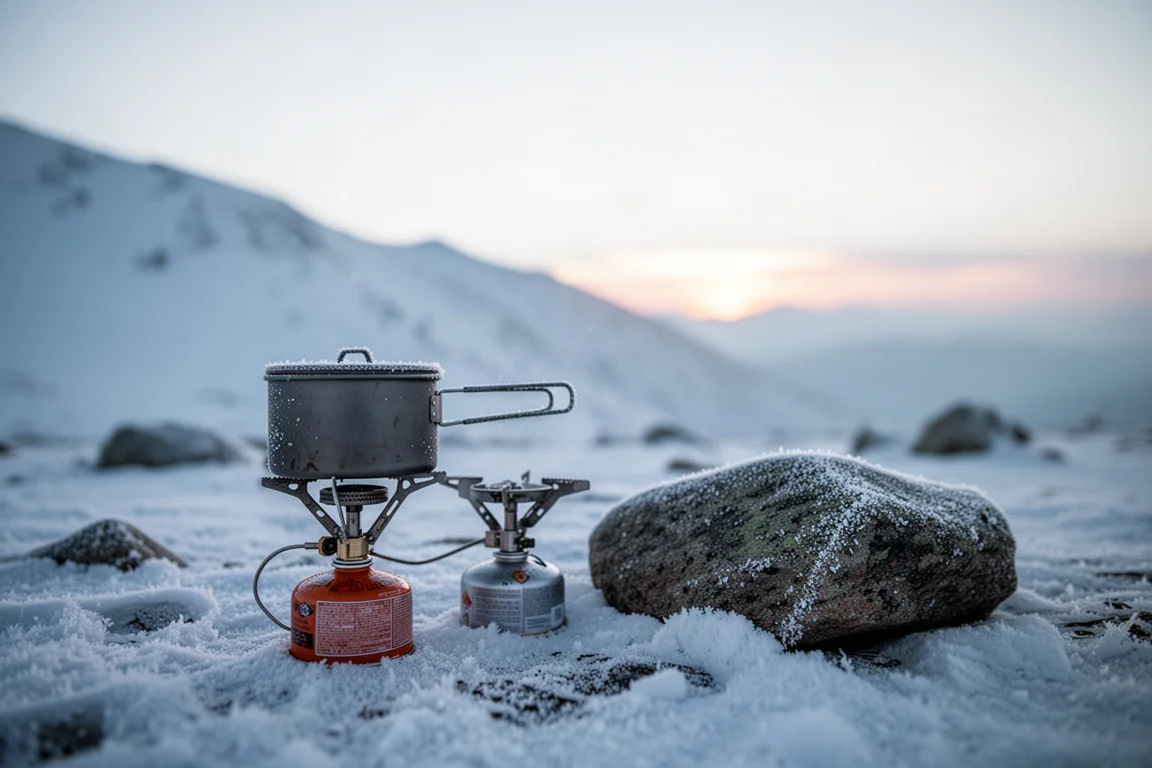 Campamento alpino cubierto de escarcha al amanecer con parches de nieve y una tienda