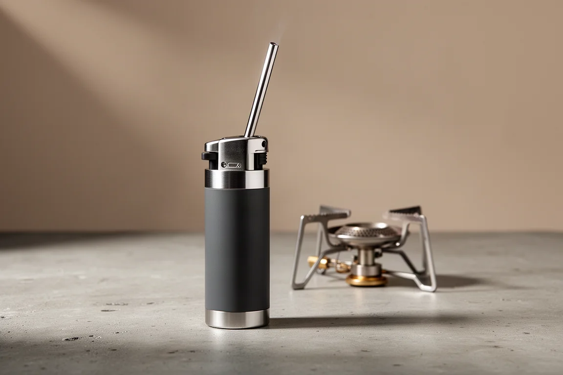 Compact metal torch lighter with extended burner nozzle on a concrete surface beside a small stove