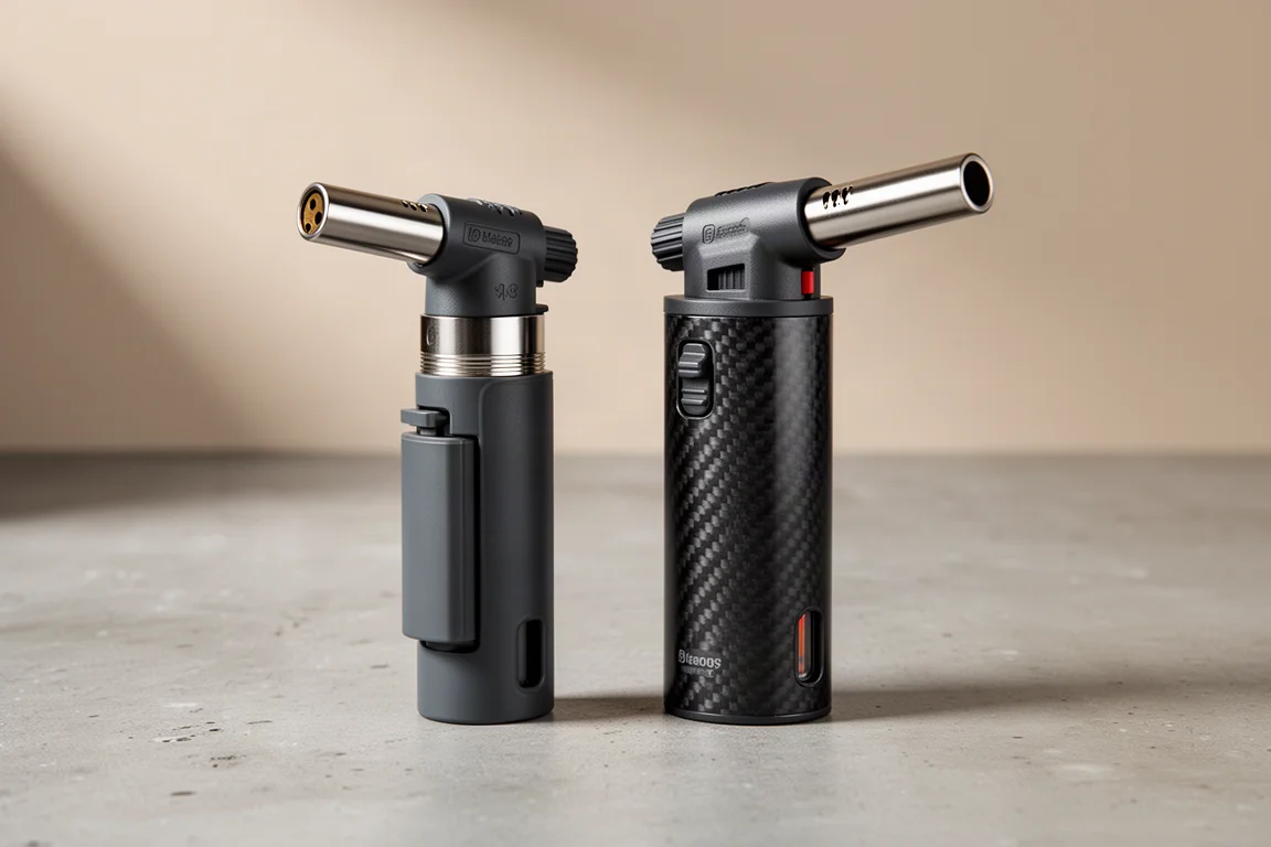 Two butane torch lighters side by side on a matte concrete surface