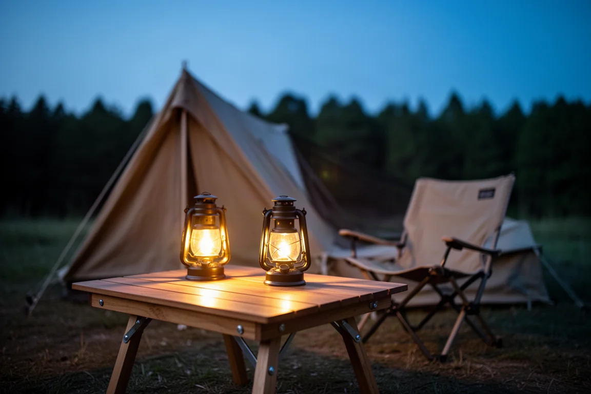 Table de camp au crépuscule éclairée par un halo chaud de lanterne, tasse et carte à proximité