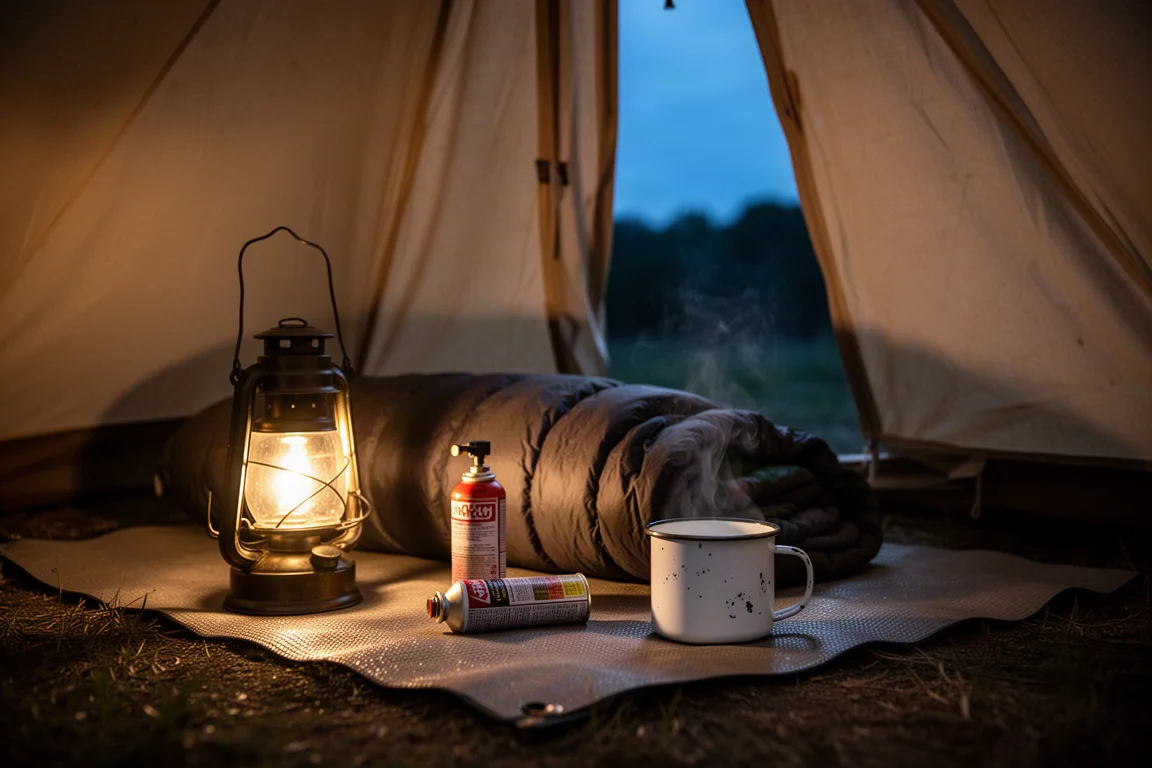 Intérieur de tente la nuit éclairé par une lanterne chaude placée bas près d'un livre et d'une tasse