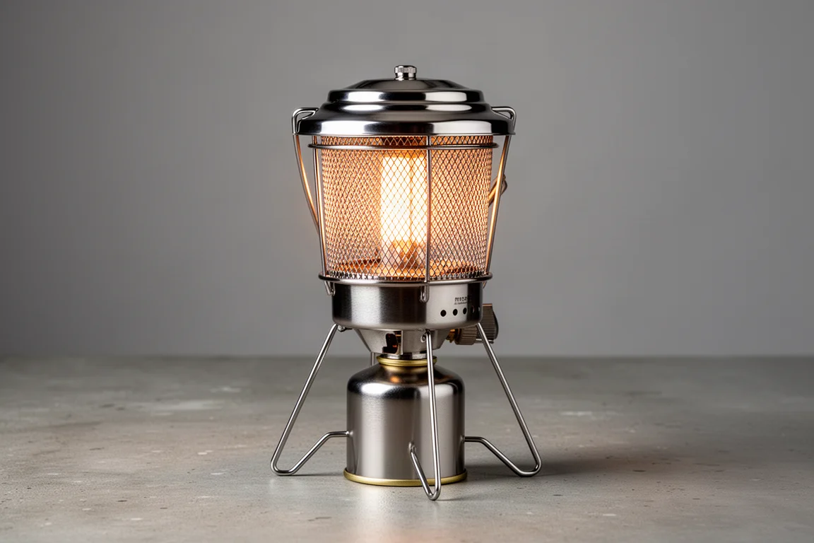 Compact stainless steel butane camping lantern with mesh cage and attached canister on concrete