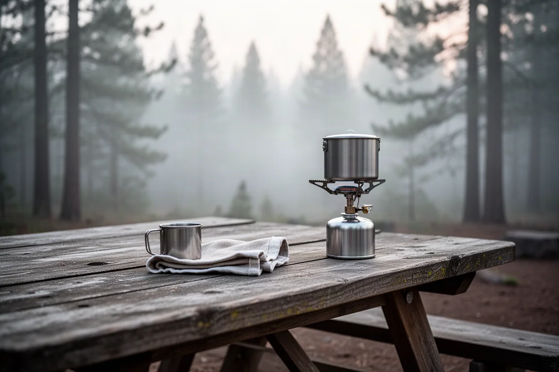 Dawn camp kitchen scene with a folding camp stove, pot and enamel mug on a wooden table
