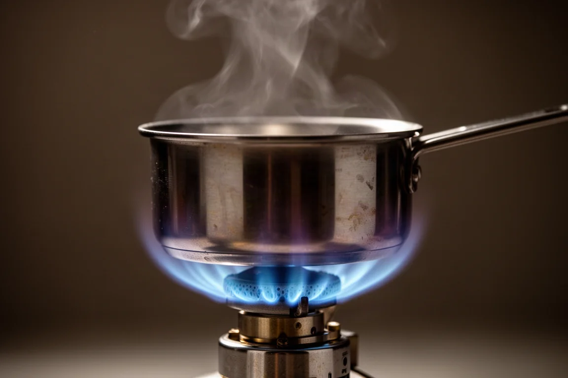 Close-up of a stainless steel camp stove base showing leg hinge, heat shield and control knob
