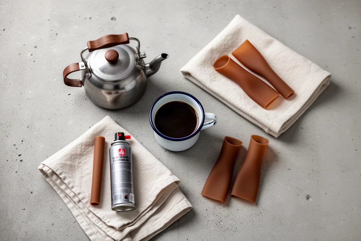 Overhead flat-lay of camp stove accessories on a concrete surface