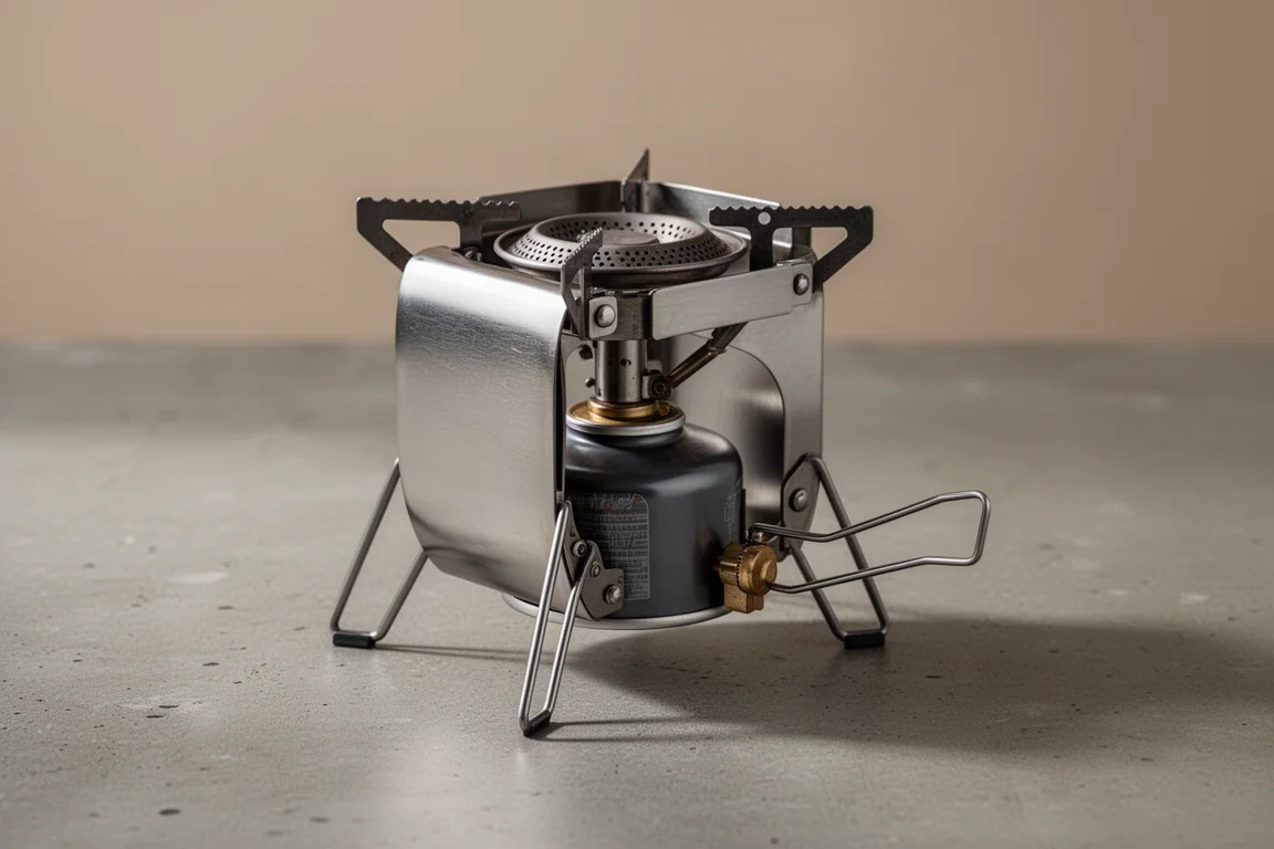 Compact stainless steel butane camp stove with four folding legs and canister on concrete