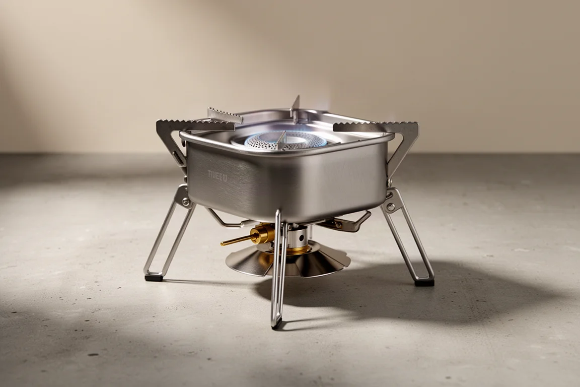 Compact stainless steel camping stove with fold-out legs on a concrete surface