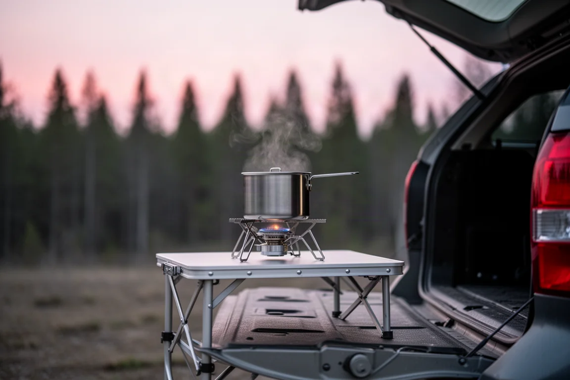 Compacte opvouwbare campingbrander op een klaptafel op een open tailgate bij zonsopgang