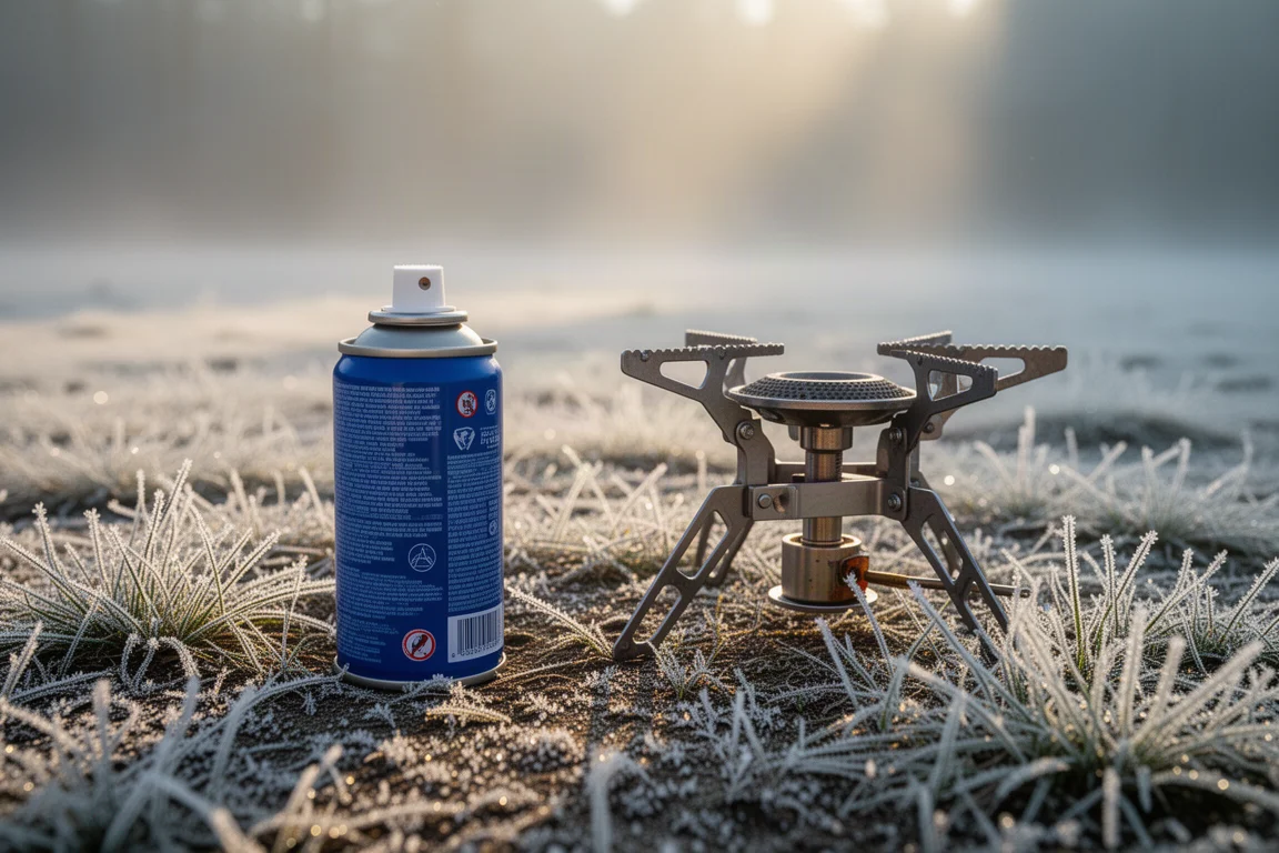 Butaanpatroon op bevroren grond naast een opgevouwen campingbrander