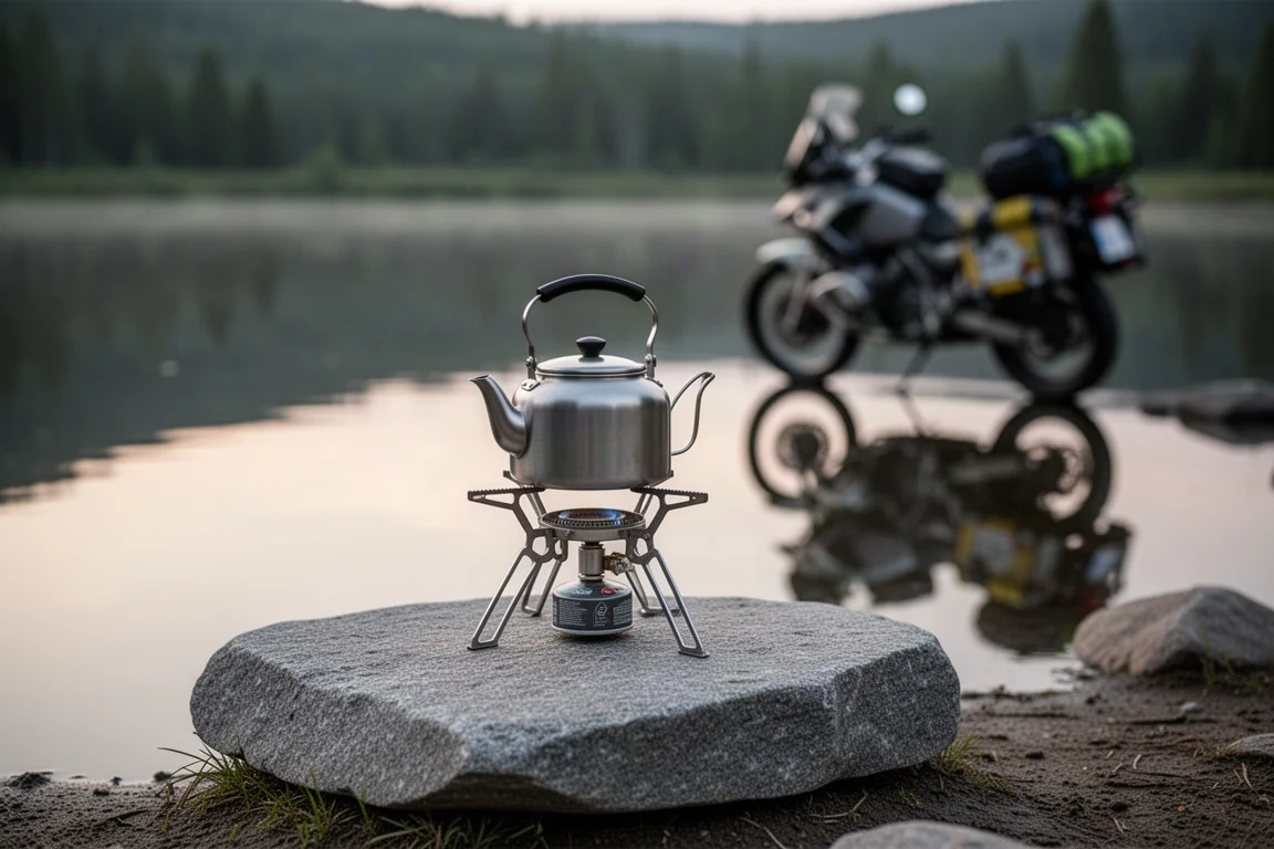 Compacte campingbrander op een platte rots naast een meer met wazige motorfietstassen op de achtergrond