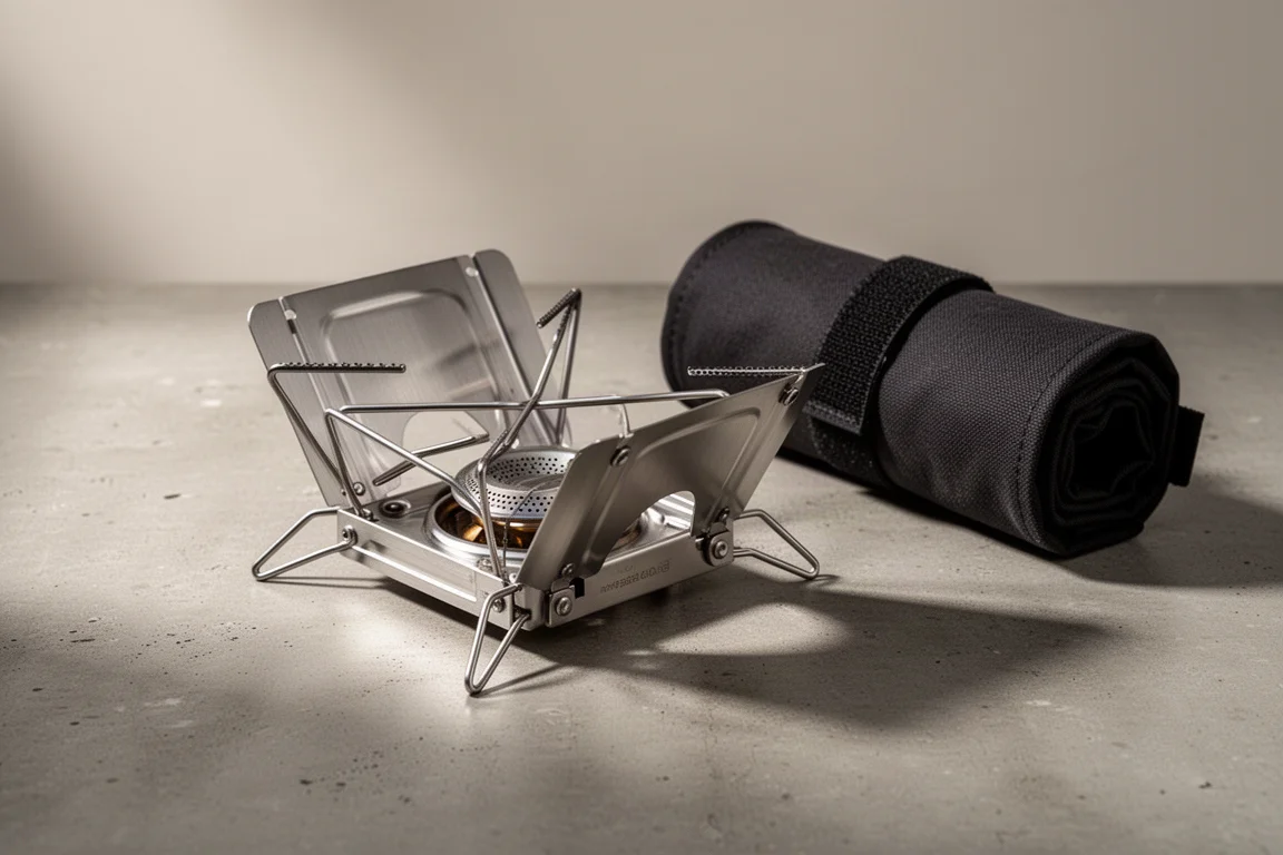 Folding aluminium camping stove opened into a V shape beside its black canvas carry case