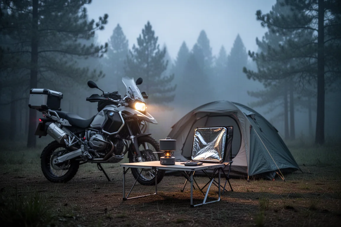 Kleiner Campingplatz in der Abenddämmerung neben einem Reisemotorrad mit kompakter Kochausrüstung auf einem niedrigen Tisch