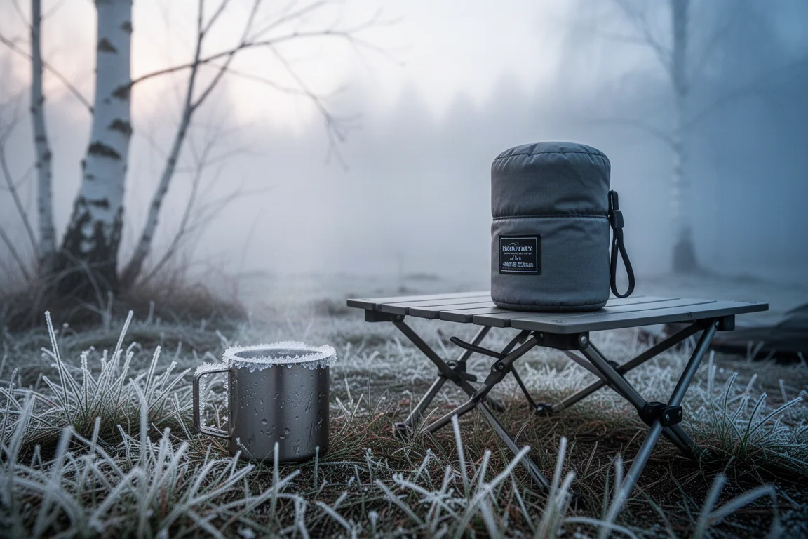 Frostiger Morgen auf dem Campingplatz mit Eis in einem Metallbecher und isolierter Kartuschenhülle auf einem Campingtisch