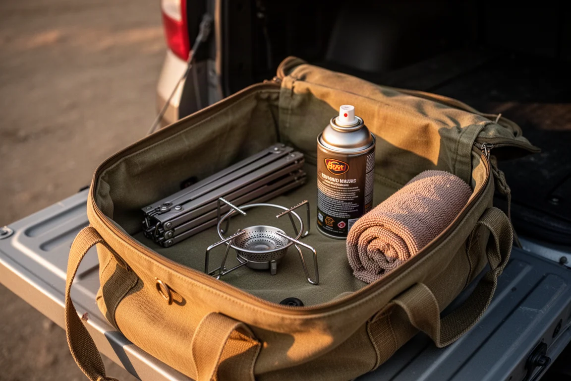 Offene Canvas-Reisetasche auf einer Heckklappe im goldenen Licht mit zusammengefaltetem Kocher und Camping-Kochausrüstung