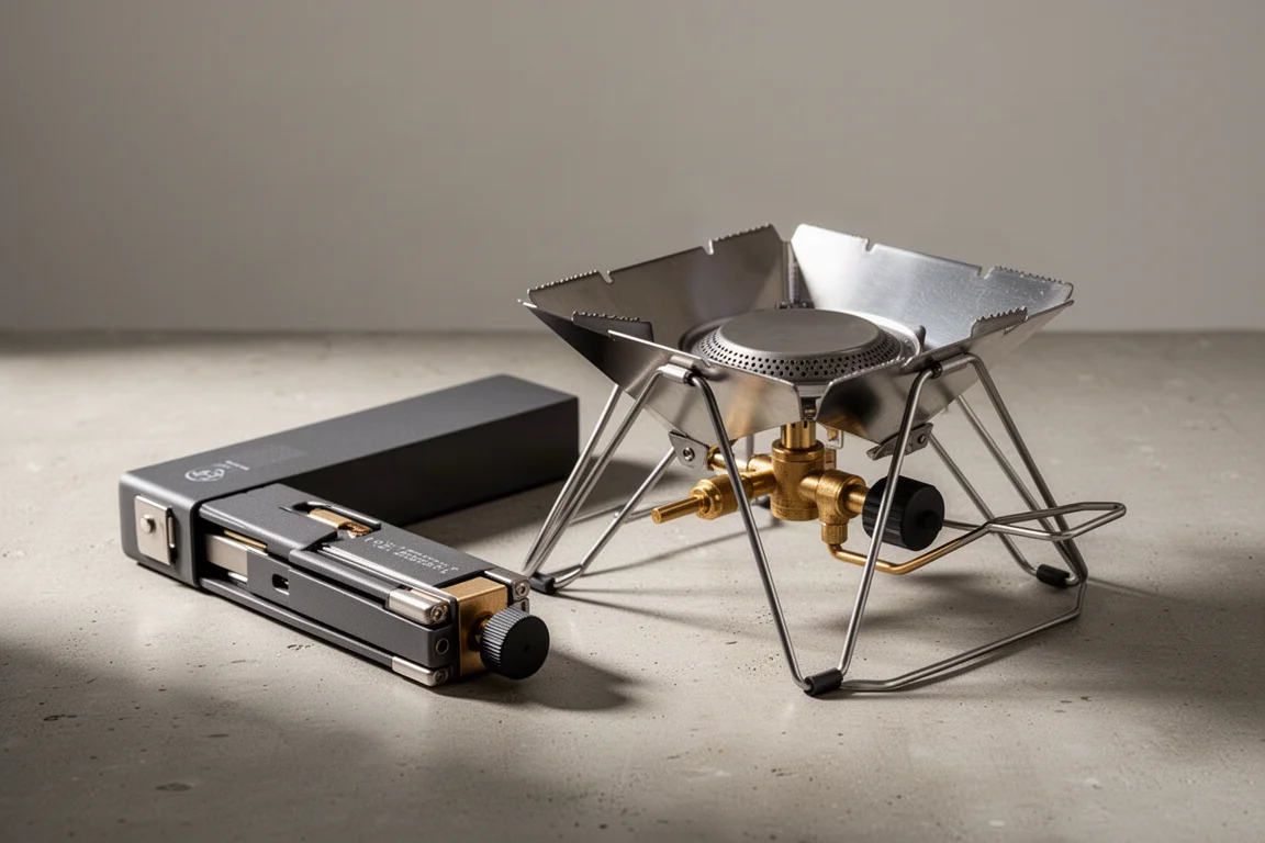 Soto ST-320 folding butane camping stove shown folded and open on a concrete surface