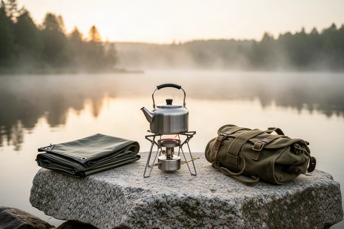 Cucina da campeggio solitaria con pentolino e tazza smaltata su un tavolo da picnic di legno all'alba