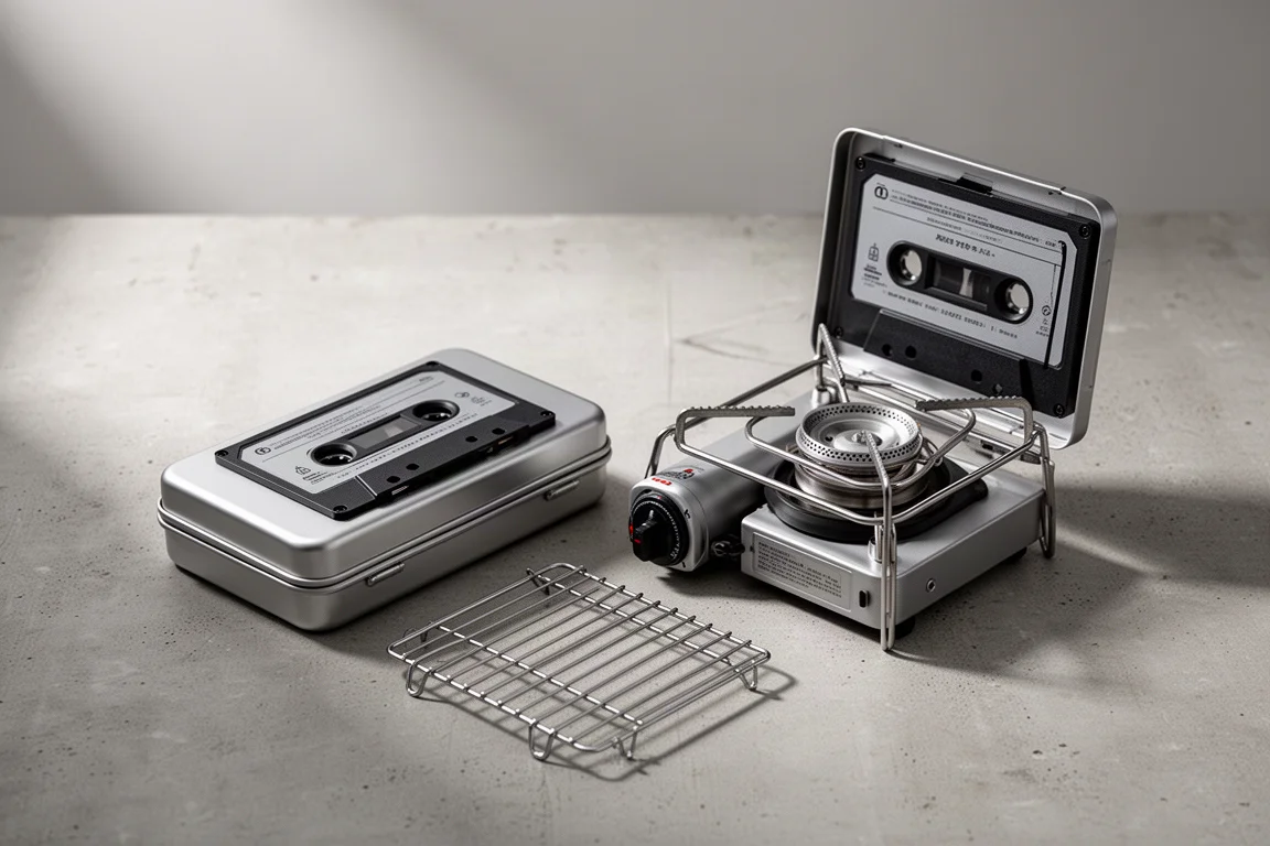 Compact cassette-style folding camping stove shown closed and opened with storage case and grill grate