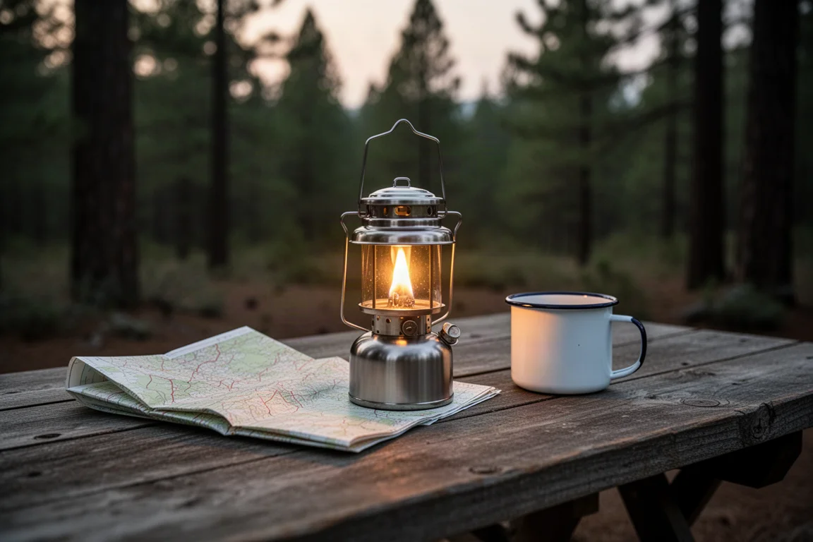 Mesa de campamento al atardecer con una pequeña linterna encendida junto a dos sillas y una tienda