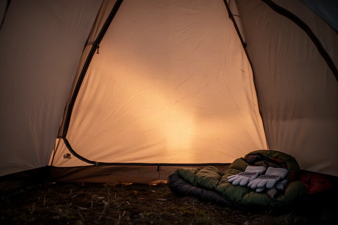 Mesa de camping de noche iluminada por una pequeña linterna con tazas y una olla metálica