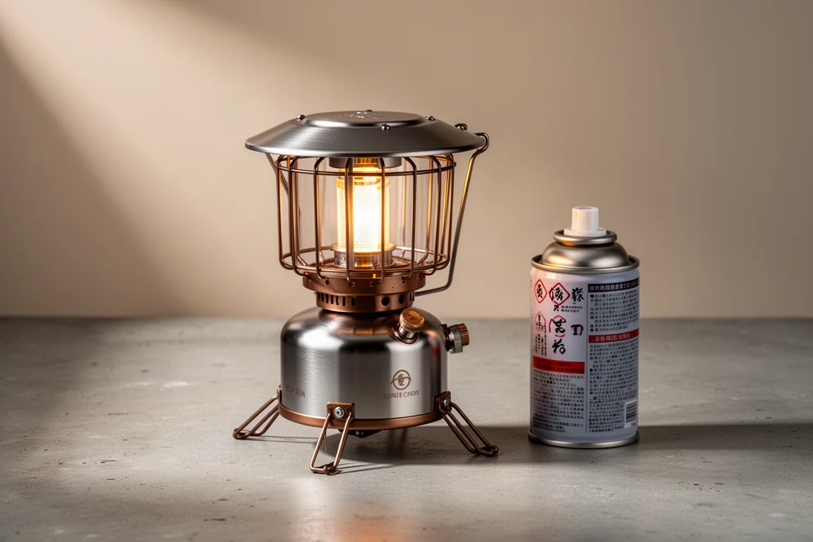 Compact stainless steel butane camping lantern with folding legs beside a fuel canister
