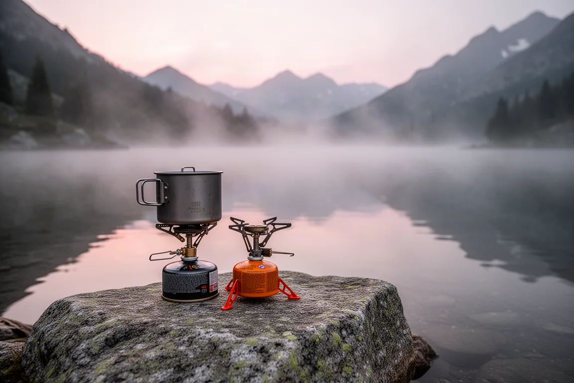Kleine Camp-Küche neben einem Bergsee im Morgengrauen mit einem Kocher, der Wasser erhitzt
