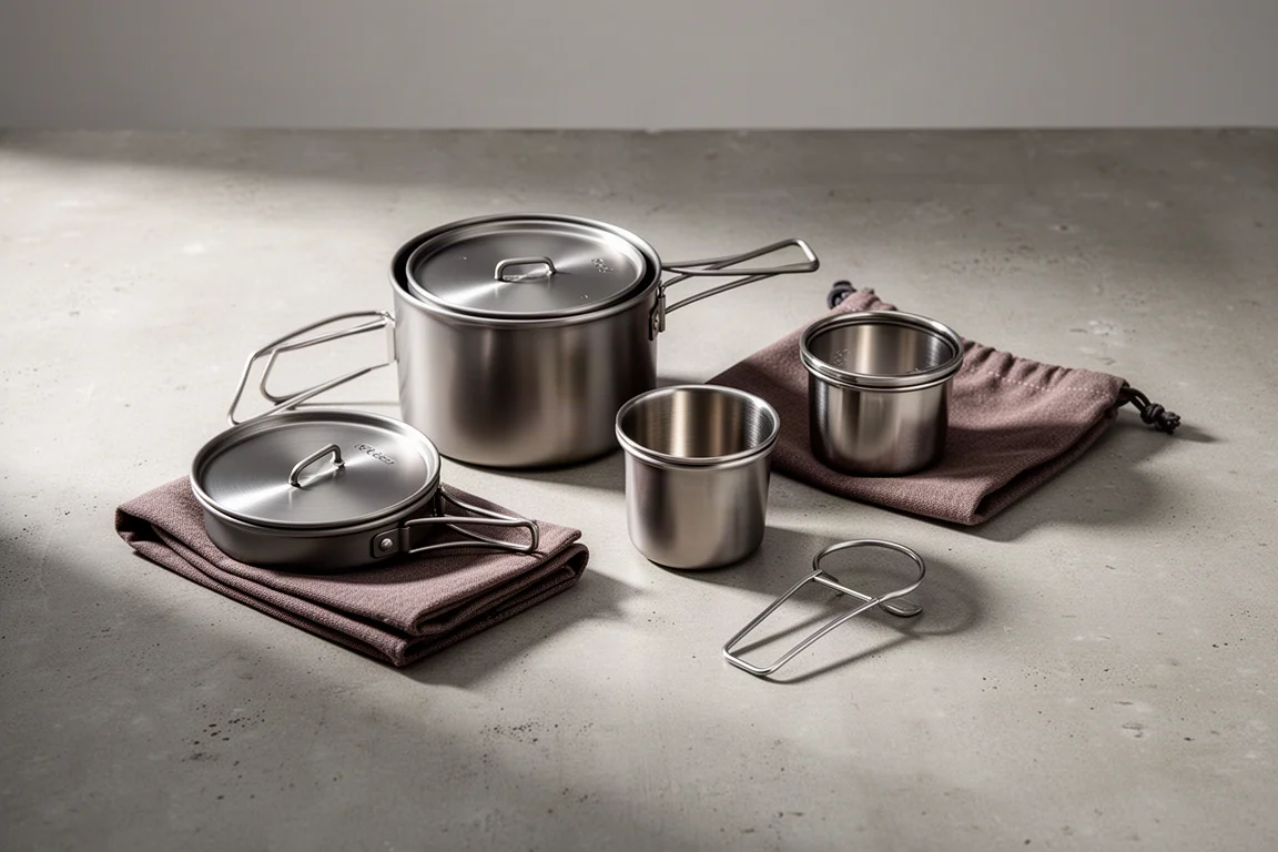 Nested titanium and stainless camp cook set with lids, fabric case and pot grabber on concrete