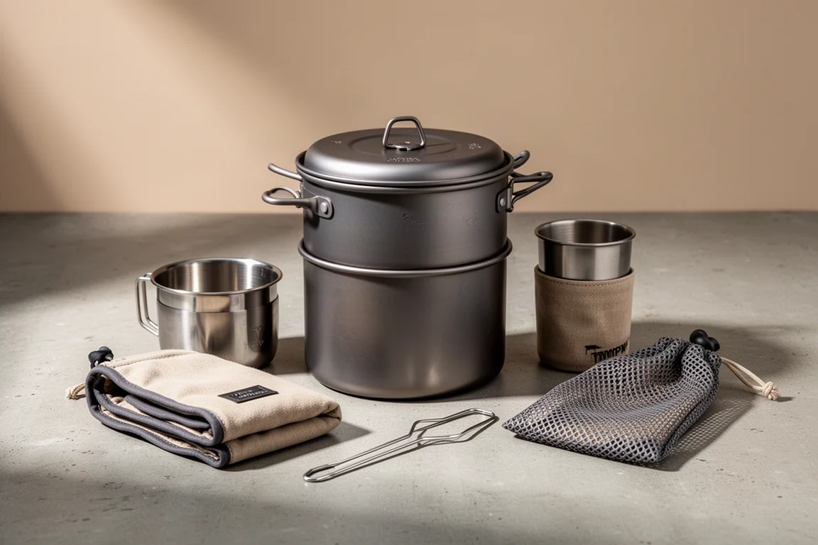 Stacked titanium camp cook set with mesh pouch on concrete surface