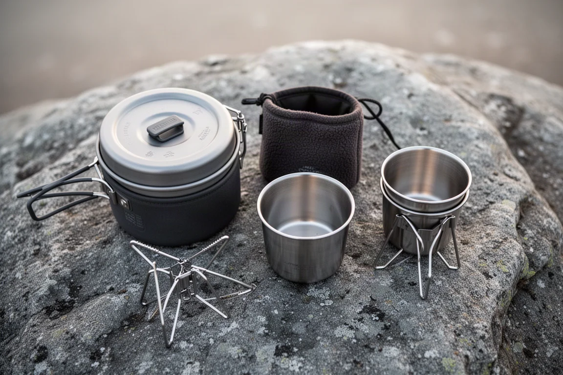 Ensemble de cuisine de camping disposé sur une roche grise avec marmite isolée, housse et deux tasses emboîtées