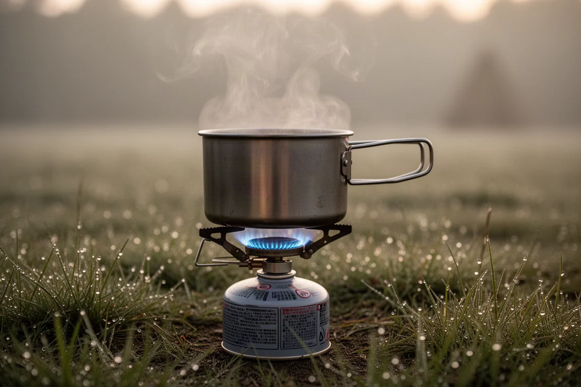 Petit réchaud à gaz brûlant sous une marmite sur un camping à l'aube, avec de la vapeur qui s'élève