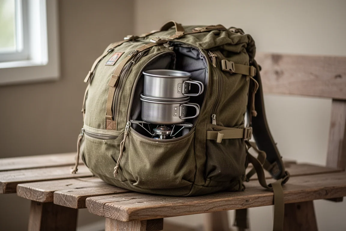Ensemble de cuisine de camping emboîté rangé dans un sac à dos ouvert posé sur un banc en bois
