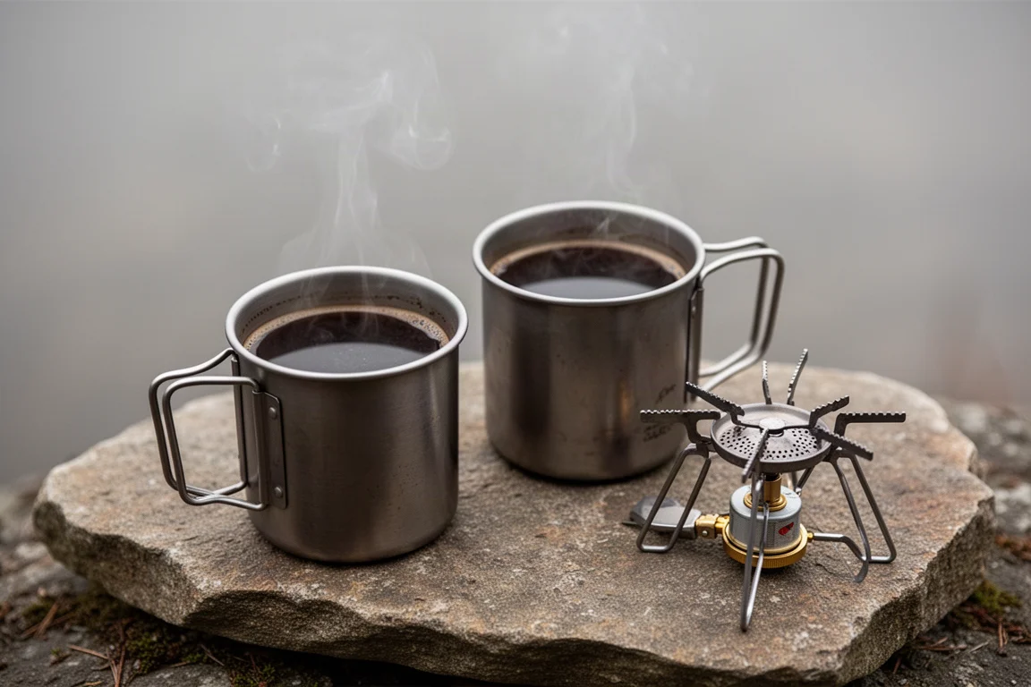 Deux tasses de camping en métal remplies de café à côté d'un petit brûleur à cartouche sur une pierre plate
