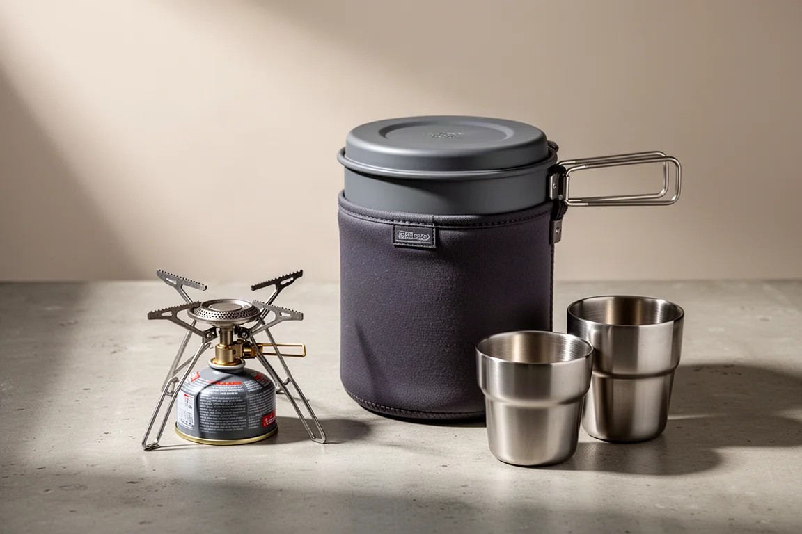 Insulated camp pot, nested metal cups, and small canister burner arranged on concrete