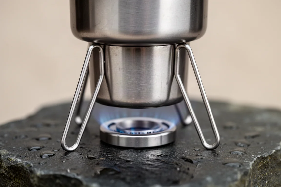 Pequeña mesa de camping plegable acoplada a una estufa sobre nieve con una taza humeante encima