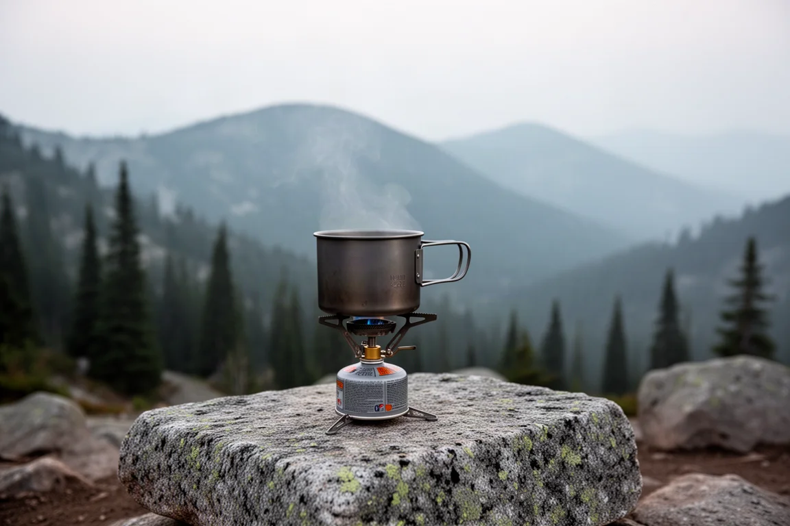 Compact canister stove with a small pot of water heating at a dawn campsite