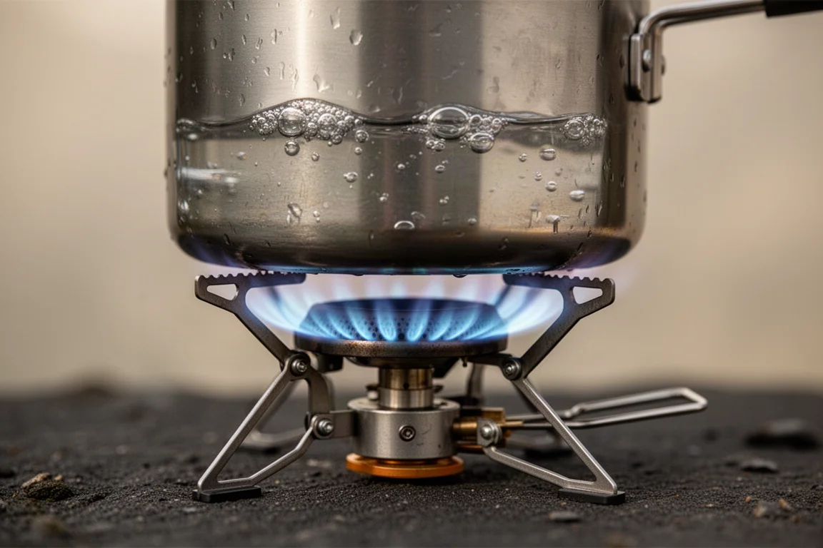 Close-up of folding pot support arms and spring hinge on a canister stove