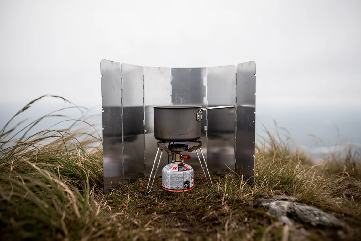 Blue burner flame ring spreading beneath a stainless pot on a windy ridge