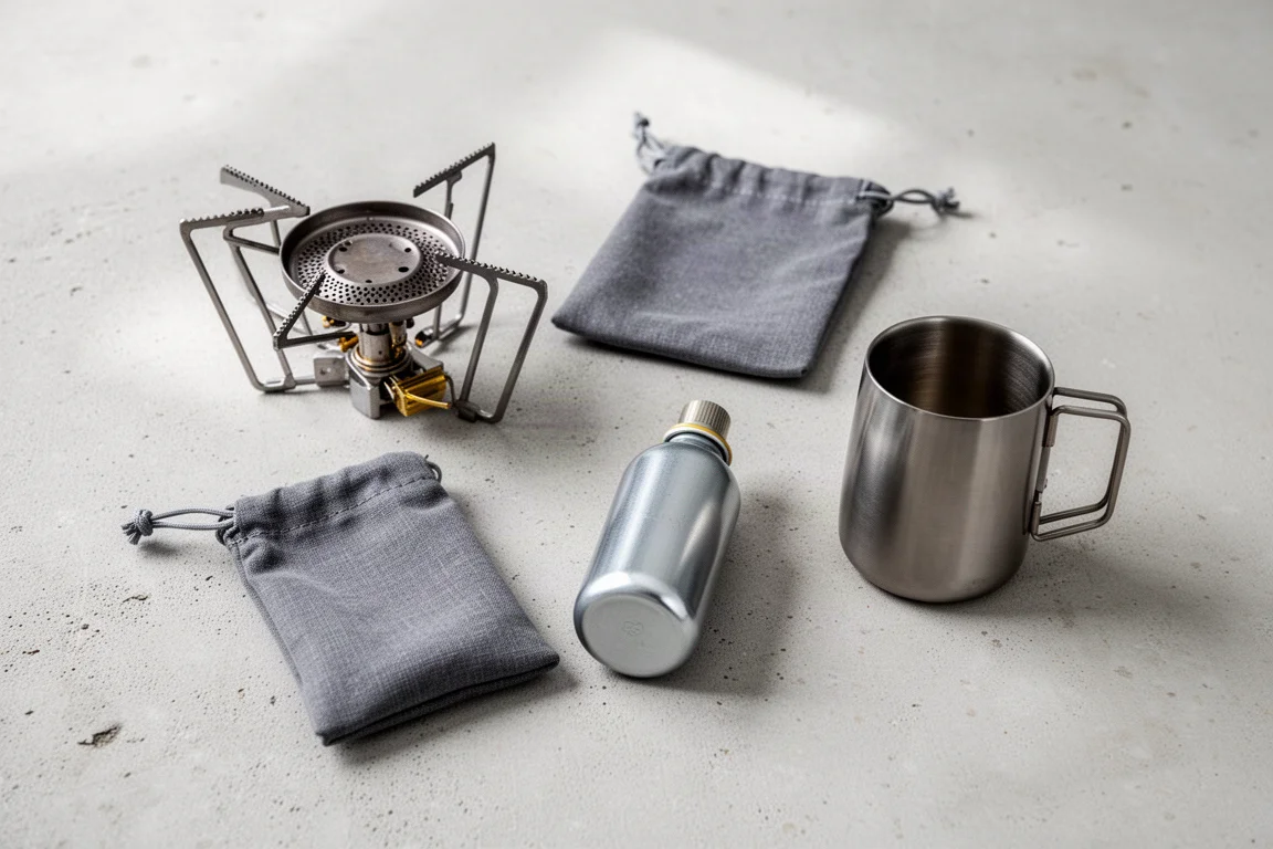 Overhead flat-lay of backpacking cook accessories on weathered concrete