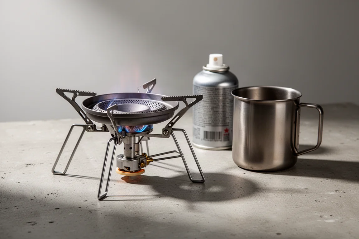 Compact Soto WindMaster canister stove with gas canister on a concrete surface