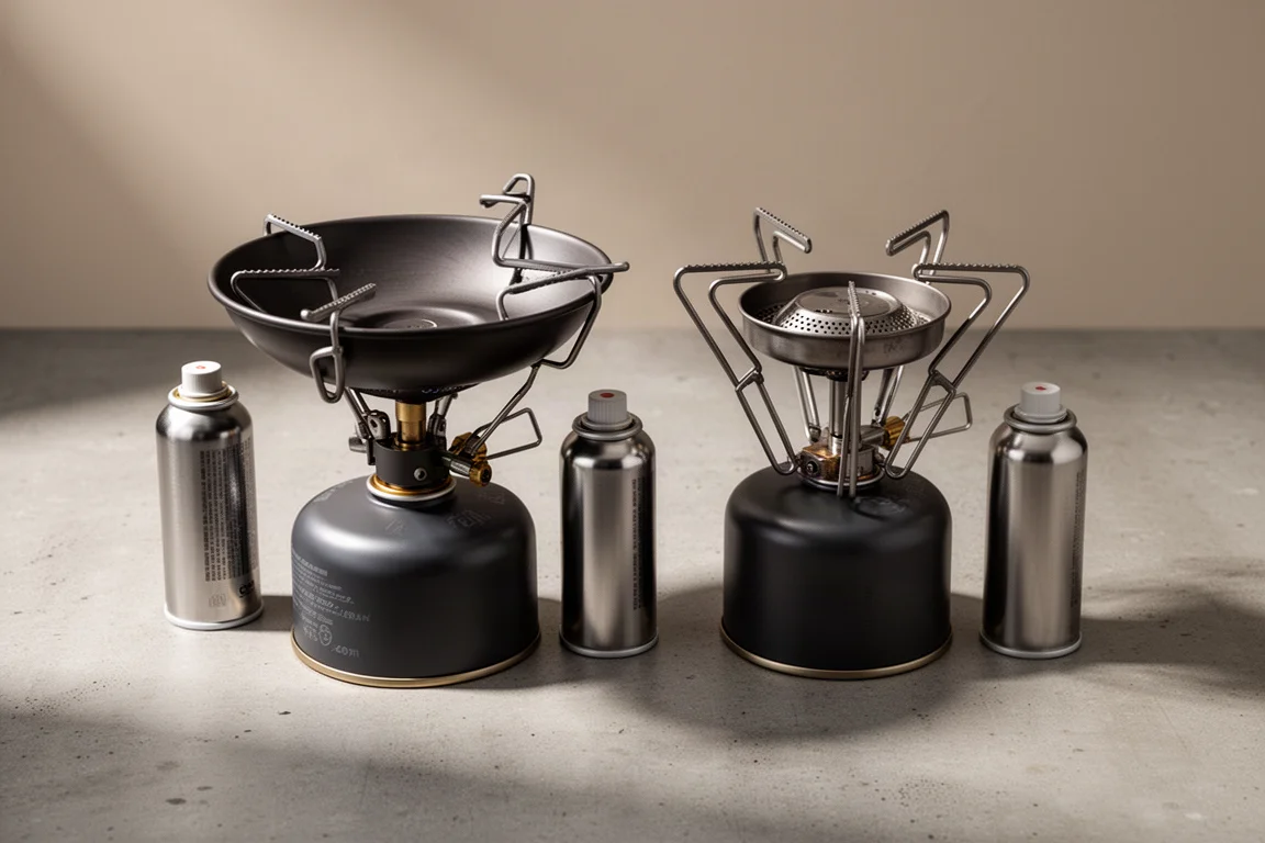 Two compact canister camping stoves with pot supports on a matte concrete surface