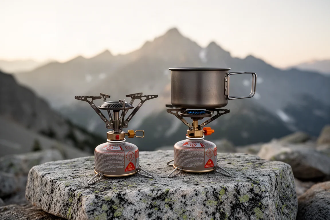 Trekkingkocher mit dampfendem Topf auf Granit neben einem Bergsee im Morgengrauen