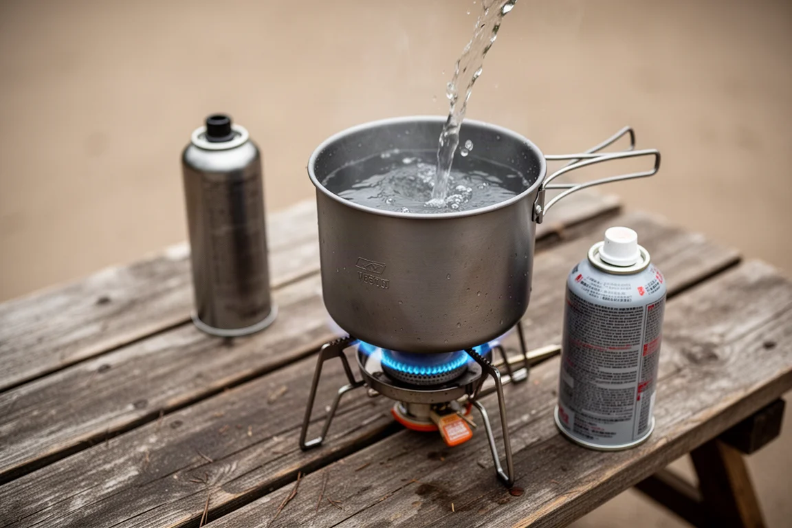 Nahaufnahme eines kompakten Gaskochers mit drei ausgeklappten Draht-Topfauflagen