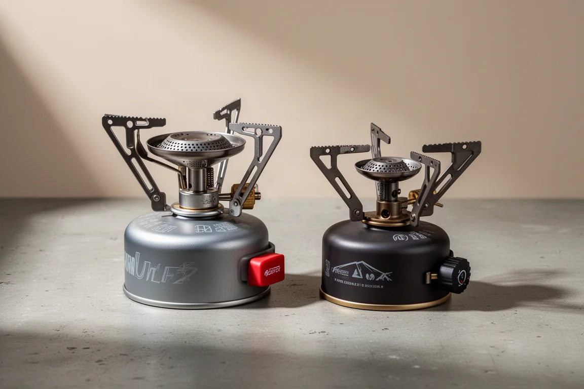 Two compact backpacking canister stoves side by side on a concrete surface