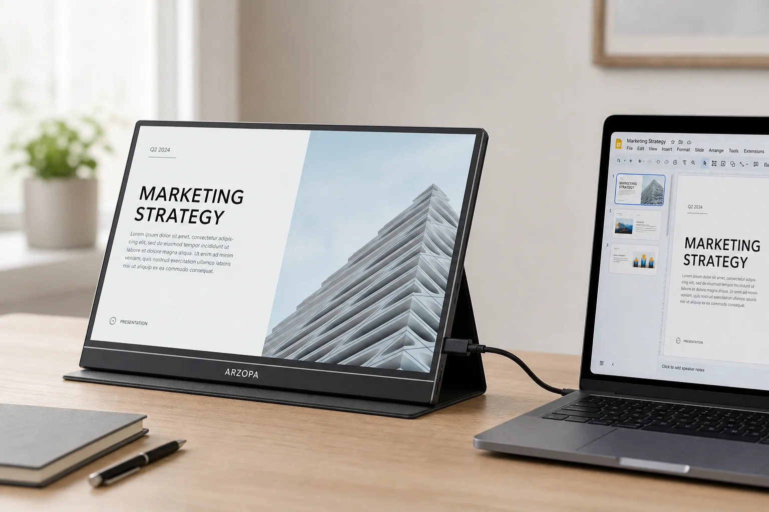 Bärbar skärm ansluten till en bärbar dator via USB-C med stativet i visningsvinkel