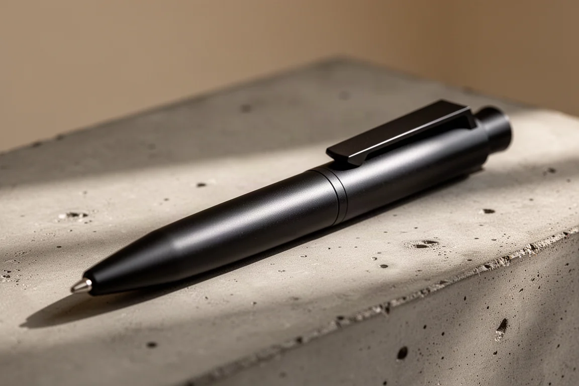 Penna a leva bolt action in titanio nero opaco appoggiata su una superficie in cemento